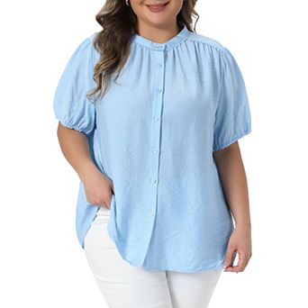 Women's Plus Size Shirt Summer Button Down Puff Sleeve Stand Collar Dressy Casual Tops Blouses