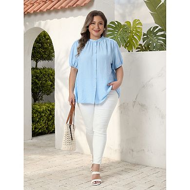 Women's Plus Size Shirt Summer Button Down Puff Sleeve Stand Collar Dressy Casual Tops Blouses