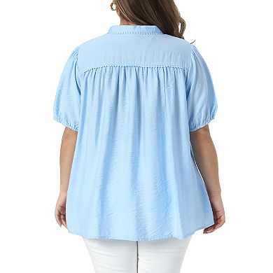 Women's Plus Size Shirt Summer Button Down Puff Sleeve Stand Collar Dressy Casual Tops Blouses