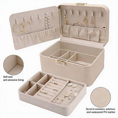 PU Leather Jewelry Organizer with Lock, Mirror, Hooks, and Removable Dividers