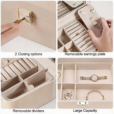 PU Leather Jewelry Organizer with Lock, Mirror, Hooks, and Removable Dividers