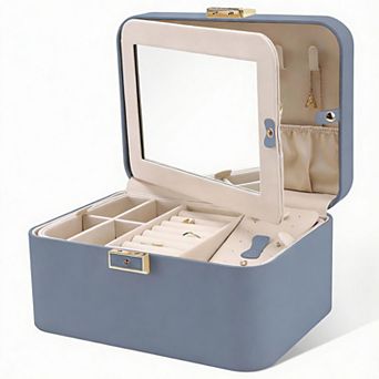 PU Leather Jewelry Organizer with Lock, Mirror, Hooks, and Removable Dividers