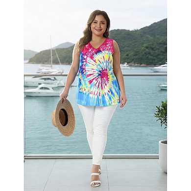 Women's Plus Size Tank Top Tie Dye Sleeveless Tshirts Summer Casual Tops Loose Fit Basic Tees