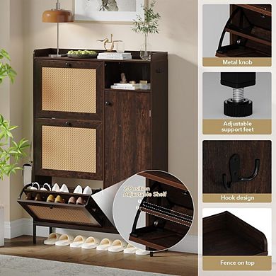 Rattan Shoe Cabinet with Flip Drawers and Adjustable Shelves