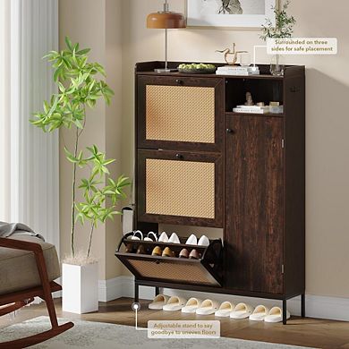 Rattan Shoe Cabinet with Flip Drawers and Adjustable Shelves