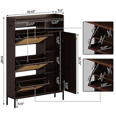 Rattan Shoe Cabinet with Flip Drawers and Adjustable Shelves