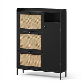Rattan Shoe Cabinet with Flip Drawers and Adjustable Shelves
