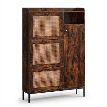 Rattan Shoe Cabinet with Flip Drawers and Adjustable Shelves