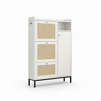 Rattan Shoe Cabinet with Flip Drawers and Adjustable Shelves