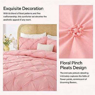 Boho Pintuck Queen Comforter Set, Floral Design, Lightweight, Soft