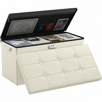 AKSZRI Fireproof Leather Storage Ottoman with Lock - Waterproof Foldable Chest for Living Room