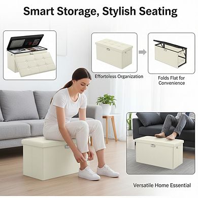 AKSZRI Fireproof Leather Storage Ottoman with Lock - Waterproof Foldable Chest for Living Room