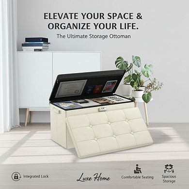 AKSZRI Fireproof Leather Storage Ottoman with Lock - Waterproof Foldable Chest for Living Room