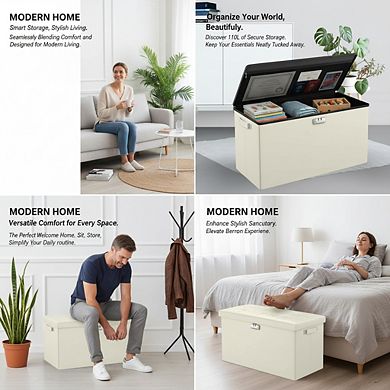 AKSZRI Fireproof Leather Storage Ottoman with Lock - Waterproof Foldable Chest for Living Room