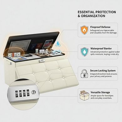 AKSZRI Fireproof Leather Storage Ottoman with Lock - Waterproof Foldable Chest for Living Room