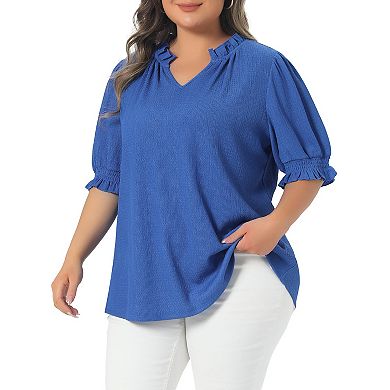Women's Plus Size Top Ruffled Trim Notch V Neck Puff Sleeves Textured Summer Shirts Blouse