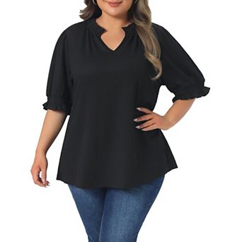 Women's Plus Size Top Ruffled Trim Notch V Neck Puff Sleeves Textured Summer Shirts Blouse