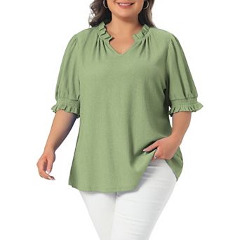 Women's Plus Size Top Ruffled Trim Notch V Neck Puff Sleeves Textured Summer Shirts Blouse