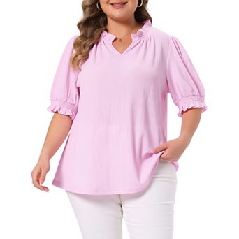 Women's Plus Size Top Ruffled Trim Notch V Neck Puff Sleeves Textured Summer Shirts Blouse