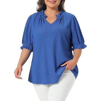 Women's Plus Size Top Ruffled Trim Notch V Neck Puff Sleeves Textured Summer Shirts Blouse
