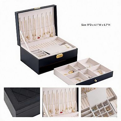 PU Leather Jewelry Organizer Box - 2 Layers for Earrings, Bracelets, Rings