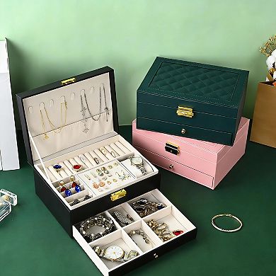 PU Leather Jewelry Organizer Box - 2 Layers for Earrings, Bracelets, Rings