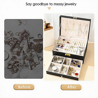 PU Leather Jewelry Organizer Box - 2 Layers for Earrings, Bracelets, Rings