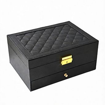 PU Leather Jewelry Organizer Box - 2 Layers for Earrings, Bracelets, Rings