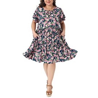 Women's Plus Size Dress Crew Neck Ruffle Short Sleeve Floral Print Flowy Casual t Shirt Dress