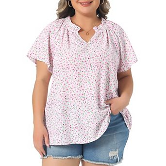 Women's Plus Size Top Short Sleeve Ruffle Notch V Neck Floral Print Dressy Casual Shirt Blouse