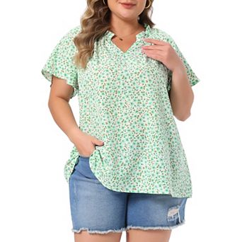 Women's Plus Size Top Short Sleeve Ruffle Notch V Neck Floral Print Dressy Casual Shirt Blouse