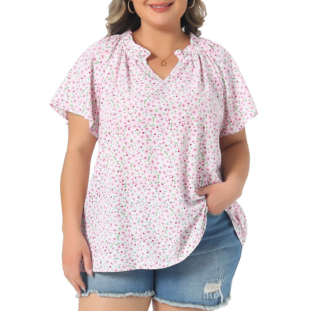 Women's Plus Size Top Short Sleeve Ruffle Notch V Neck Floral Print ...