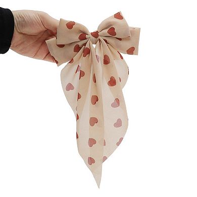 Cute Heart Shaped Printed Bow Ribbon Spring Hair Clips 1 Pc