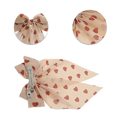 Cute Heart Shaped Printed Bow Ribbon Spring Hair Clips 1 Pc