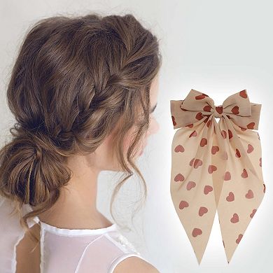 Cute Heart Shaped Printed Bow Ribbon Spring Hair Clips 1 Pc