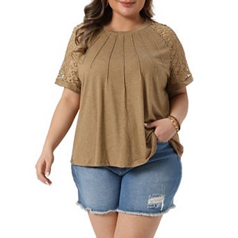 Women's Plus Size Top Crew Neck Lace Short Sleeve Dressy Casual Blouse Tunic t Shirts