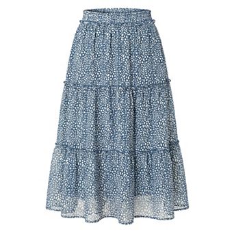 Women's Tiered Skirt Chiffon A-Line Ruffle Elastic High Waist Casual Flowy Summer Beach Midi Skirts