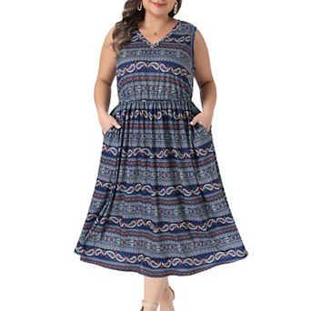 Women's Plus Size Summer Boho Dresses V Neck Sleeveless Midi Sun Dress Beach Flowy Casual