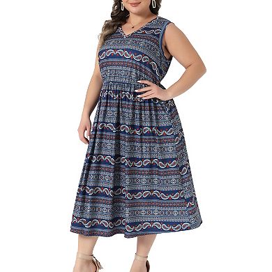 Women's Plus Size Summer Boho Dresses V Neck Sleeveless Midi Sun Dress Beach Flowy Casual