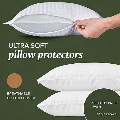Cotton Queen Size Pillow Protectors, Pack of 2, Zippered, Breathable