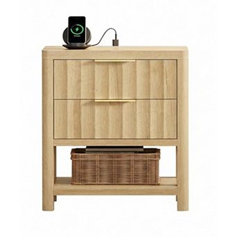 AKSZRI Fluted Nightstand with USB-C Charger Station - 2 Drawers & Open Shelf, Natural