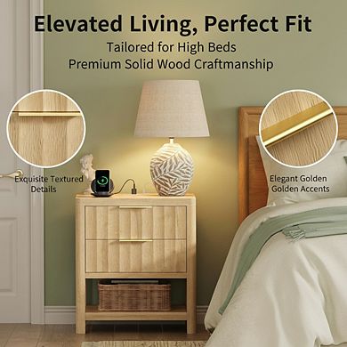 AKSZRI Fluted Nightstand with USB-C Charger Station - 2 Drawers & Open Shelf, Natural