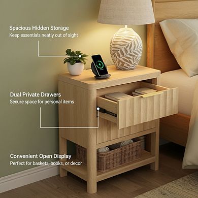AKSZRI Fluted Nightstand with USB-C Charger Station - 2 Drawers & Open Shelf, Natural