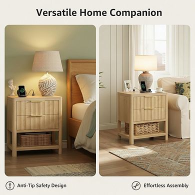 AKSZRI Fluted Nightstand with USB-C Charger Station - 2 Drawers & Open Shelf, Natural