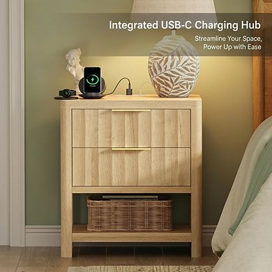 AKSZRI Fluted Nightstand with USB-C Charger Station - 2 Drawers & Open Shelf, Natural