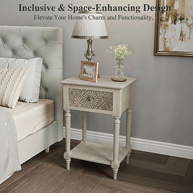 AKSZRI Vintage 2-Tier Nightstand with Storage Drawer & Open Shelf - MDF Wood Accent Table