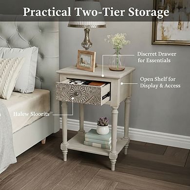 AKSZRI Vintage 2-Tier Nightstand with Storage Drawer & Open Shelf - MDF Wood Accent Table