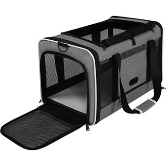 AKSZRI Multi-Pet Travel Carrier for Cats, Puppies & Rabbits - Soft, Collapsible 18x11x11 Case, Grey