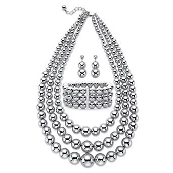 PalmBeach Jewelry Beaded Silvertone Triple-Strand Necklace, Earring and Bracelet Set 16.5" - 19.5"