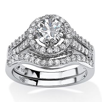 PalmBeach Jewelry 1.67 TCW Round CZ Two-Piece Halo Bridal Set in Platinum-plated Sterling Silver